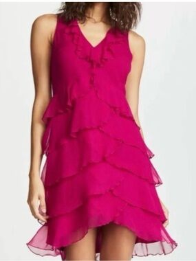 Alice + Olivia Tiered Ruffle High-Low Dress in Fuchsia-Size 2